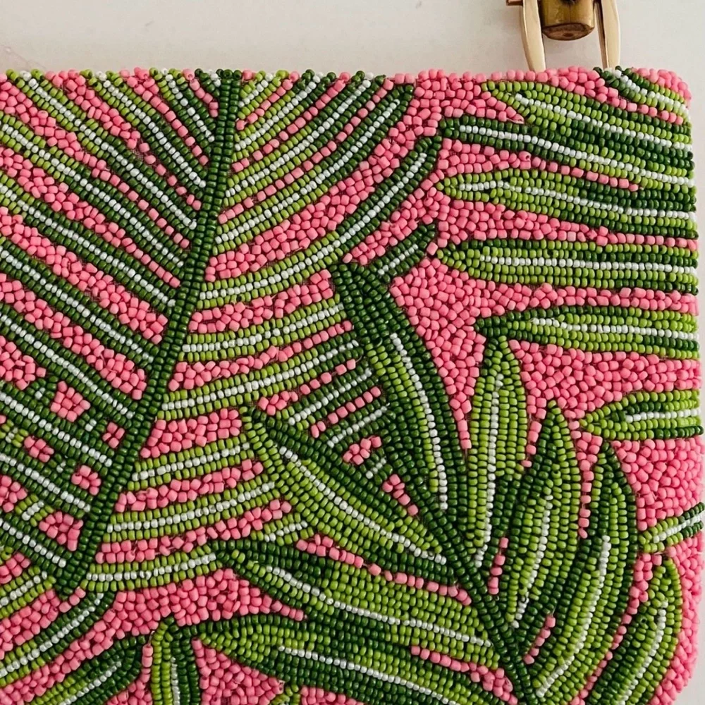 Tropical Pink Beaded Clutch with Bamboo Handle